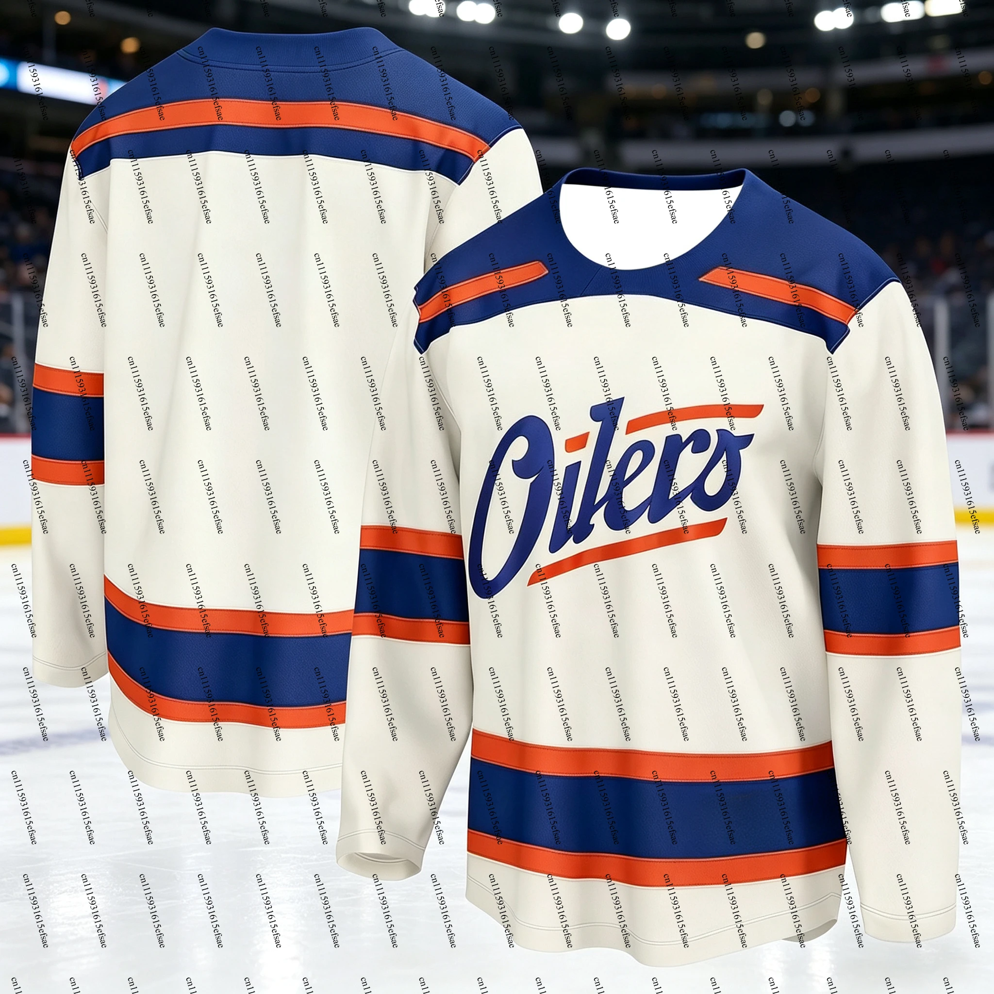 Y2K Streetwear Ice Hockey Jersey Unisex Long Sleeve Cream Base Blue Orange Stripes Sublimated Casual Loose Tops