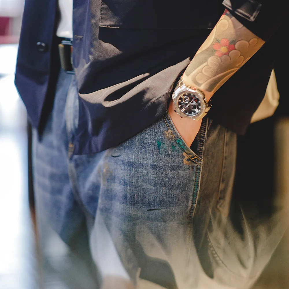 Maden Jeans Graffiti azzurri con inchiostro Splash per uomo Pantaloni da registrazione a gamba dritta lavati con texture fiammato da 9,2 OZ Jeans streetwear autunnali