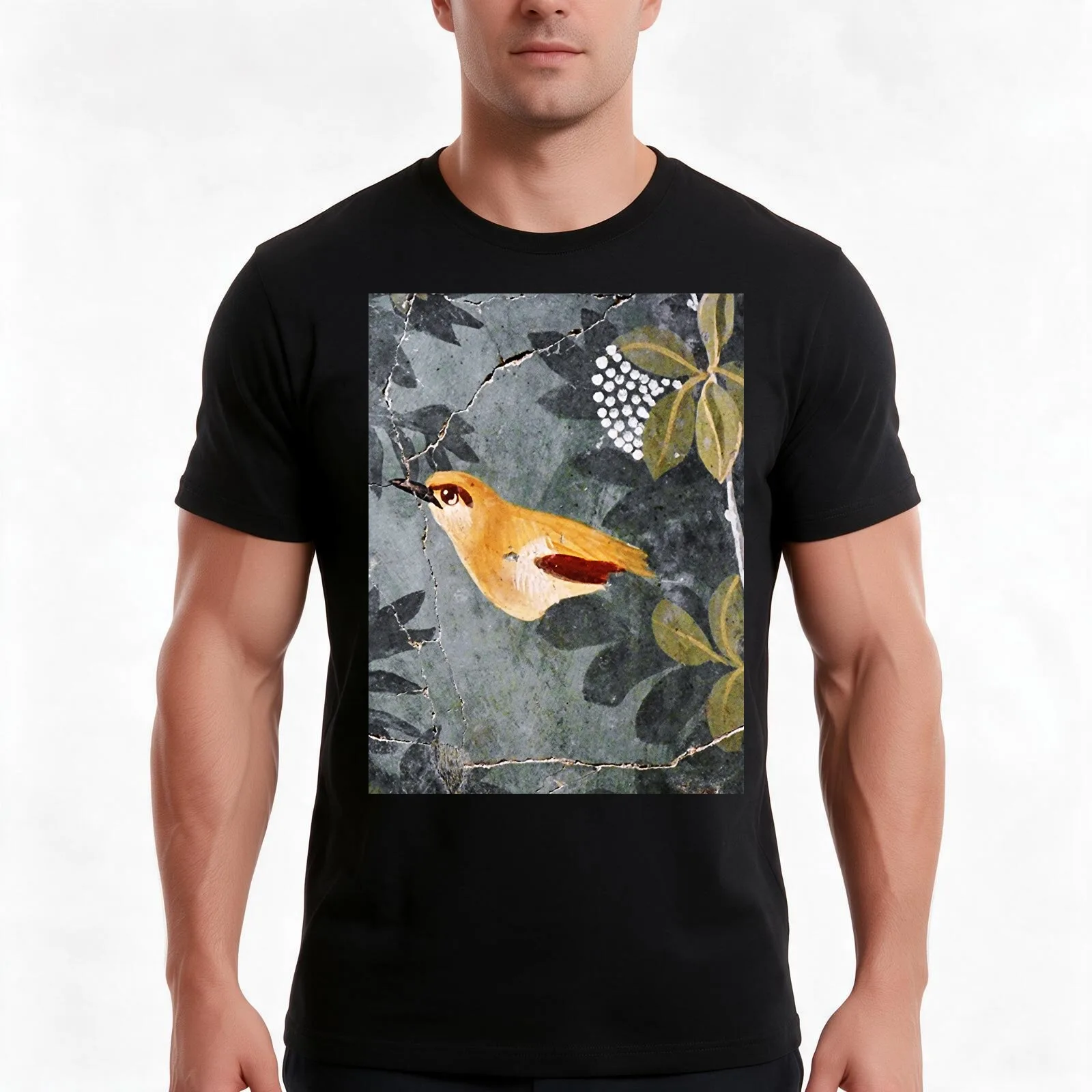 POMPEII COLLECTION / BIRD AMONG TREE LEAVESIN THE GARDEN ,GREEN FLORAL T-Shirt Summer Casual Cotton Tee Vintage Graphic Print