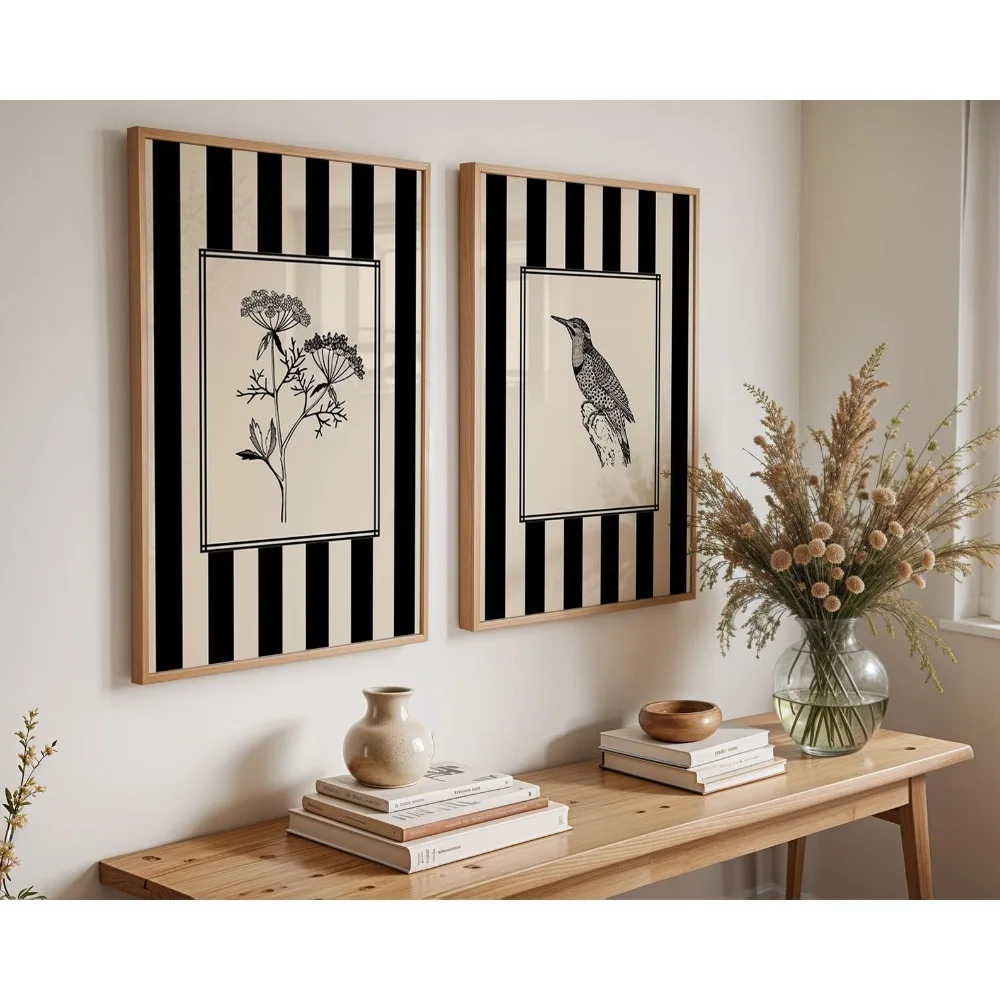 Frameless Printable Bird and Flower Art,Black Striped Poster,Natural Line Drawing Printing,Gallery Wall Art Printing Decoration