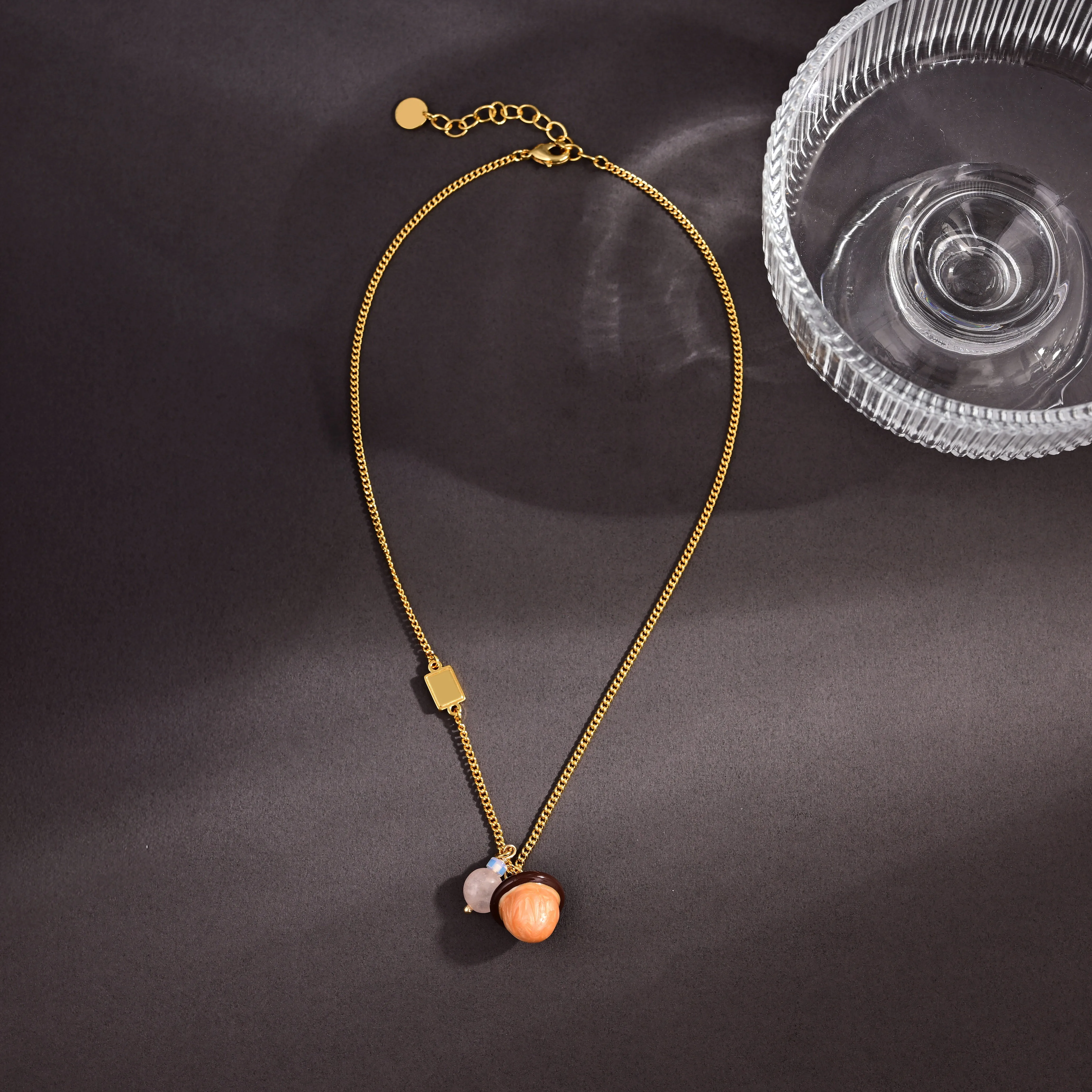 

Boho Trendy Gold Plated Chain Necklace Orange Acorn Charm Pink Gem Beads Adjustable Unique Bohemian Accessory