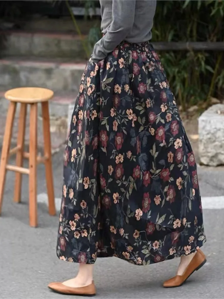 Autumn Floral Midi Skirt Women Modis Vintage Flower Print High Waist Ladies Skirts Casual Loose Ruffle Pleated Woman Skirt 2023