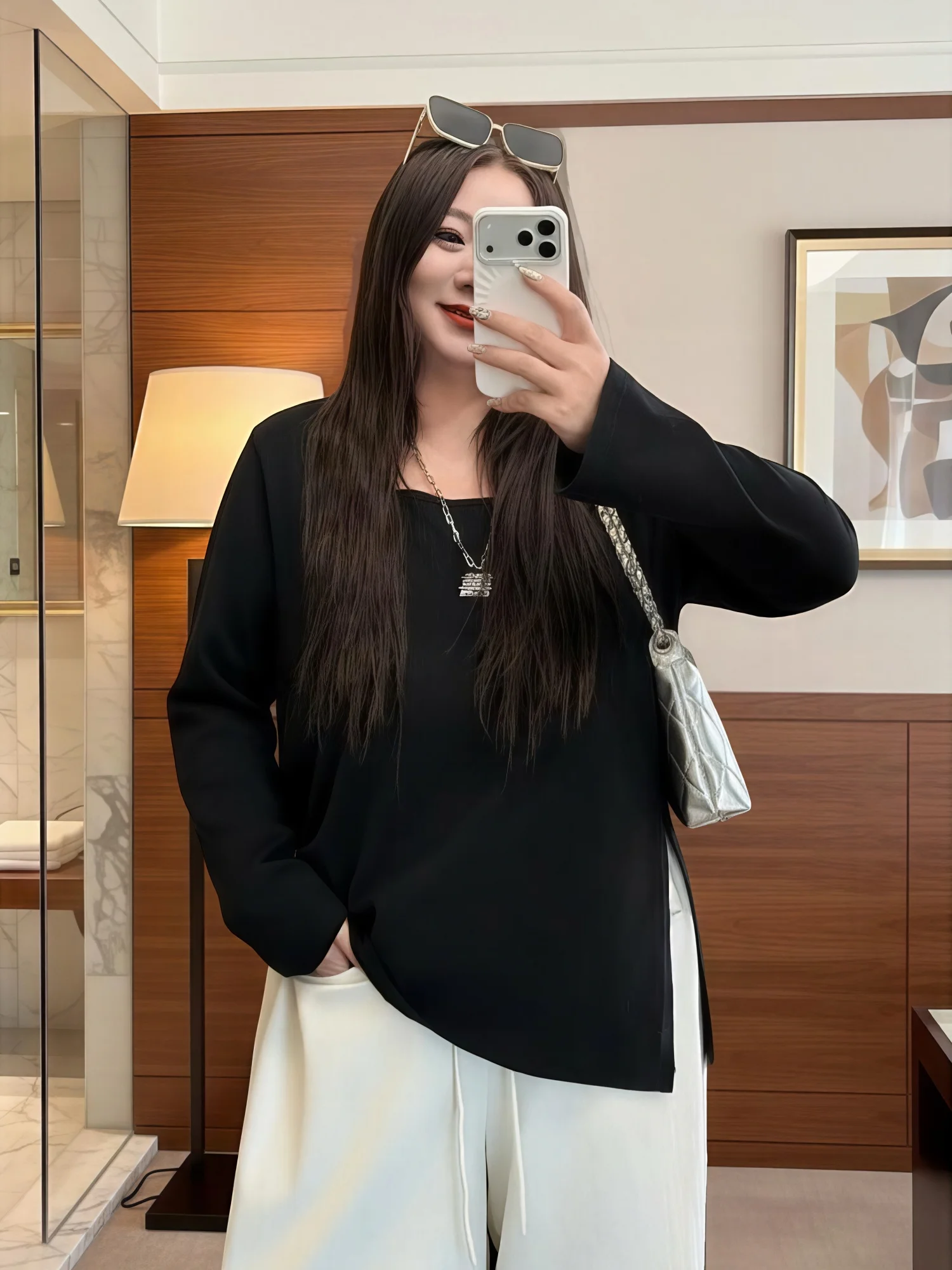 

plus Size Women's Long Sleeve T-Shirt Spring Minimalist Style Casual Commute Cotton Blend Open Split Base Shirt Slimming Effect