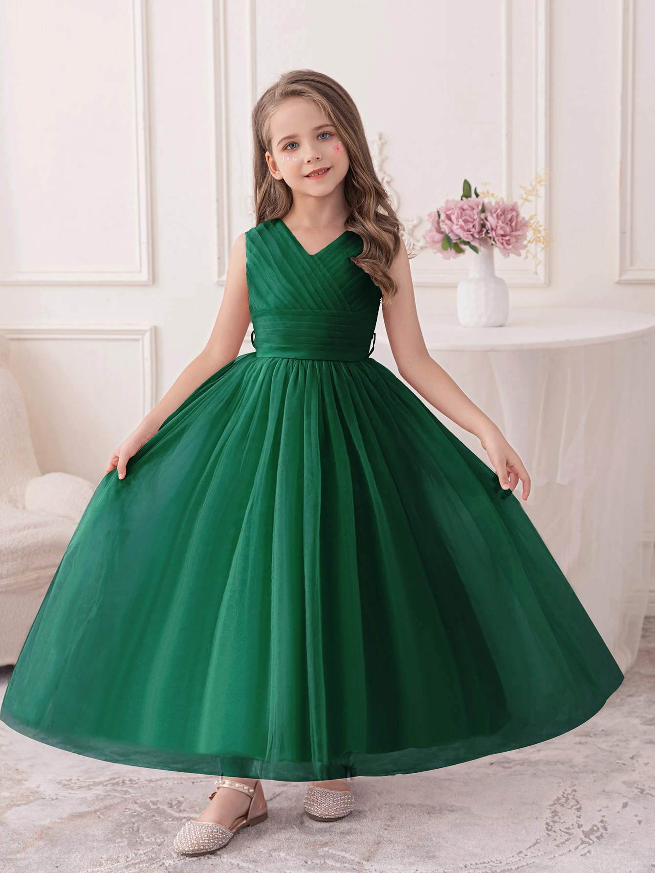 Dark Green Princess Dress New Designs for Young Girls Formal Tulle Party Bridesmaid Kids Beautiful Ball Gown Wedding Clothing