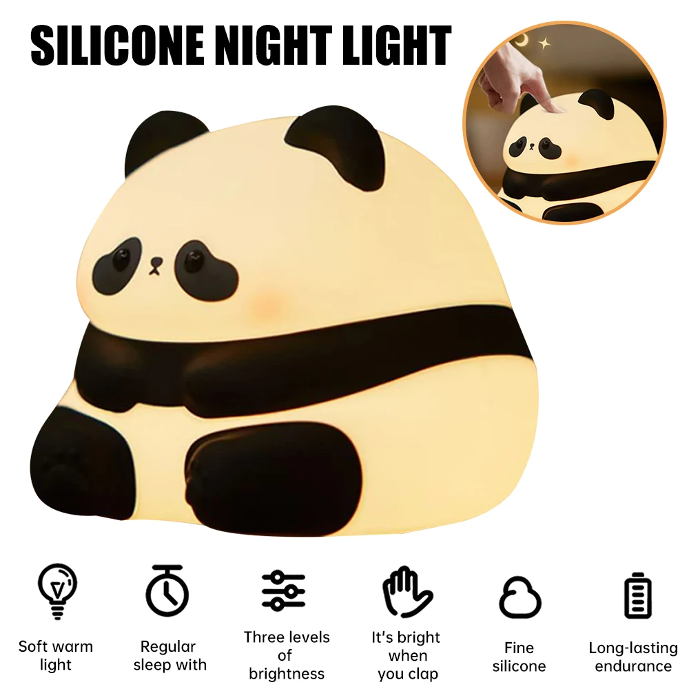 LED Panda  Light Soft Silicone Dimmable Bedside Pat Control Lamp Rechargeable Child Sleep Bedside Light for Birthday Gift