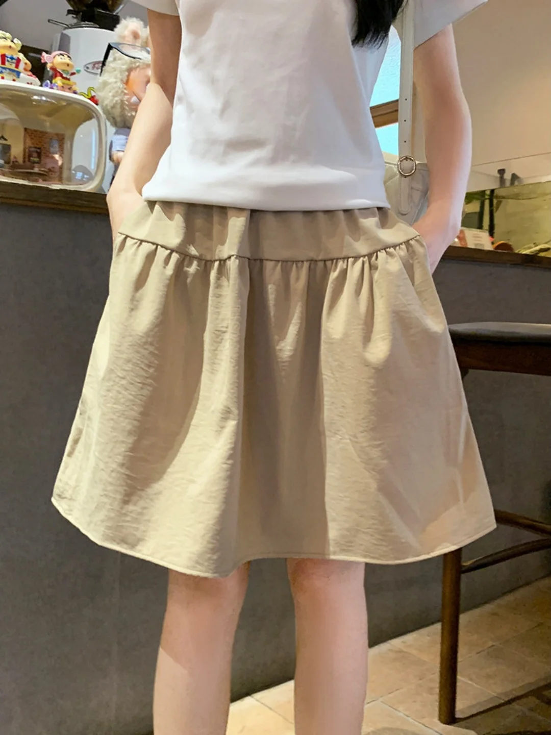 Khaki High Waist A-Line  Skirt Women's Summer Thin New Style Japanese Style Short Skirt Lazy Umbrella Skirt