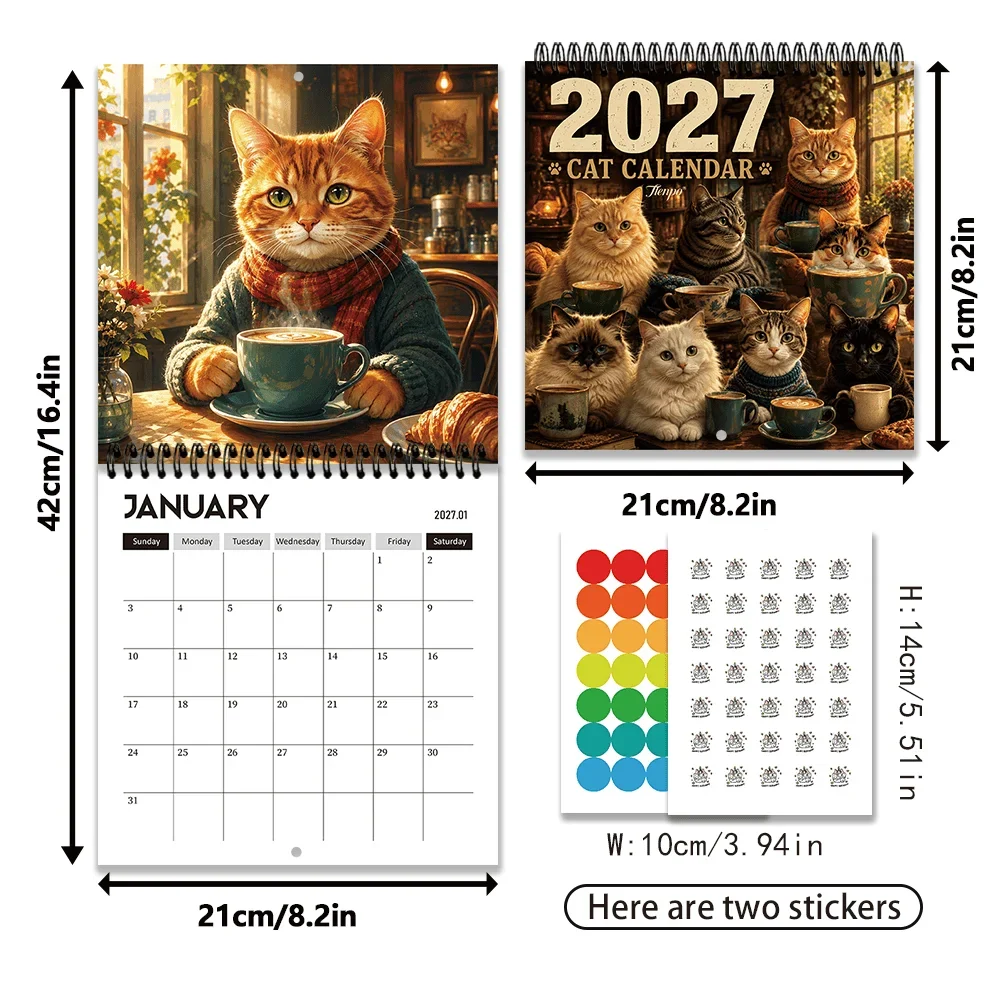 1pc 2027 Retro Coffee Shop Kitten Wall Calendar,12-Month Monthly Planner,Perfect Gift for Back-to-School, Christmas, or New Year