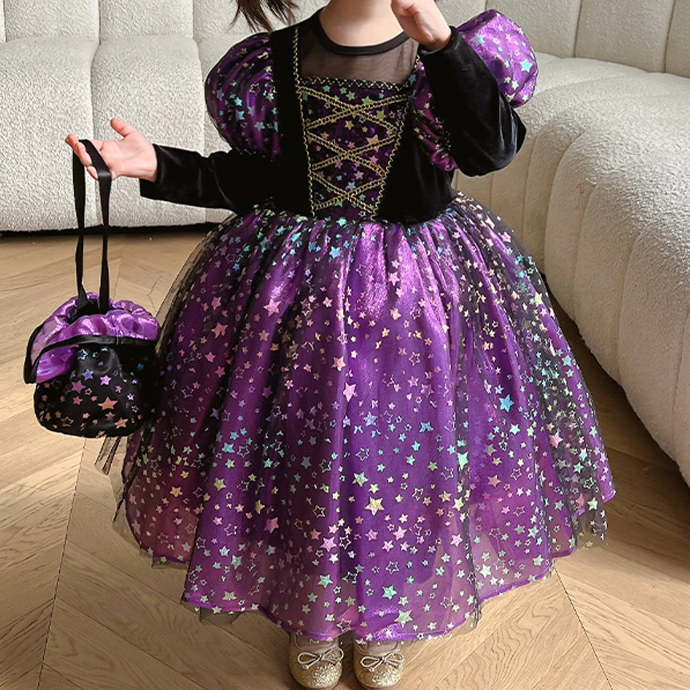 High Quality Halloween Girl Witch Costume Winter Autumn Infant Purple Star Galaxy Long Sleeve Fluffy Dresses Vampire Dress Up