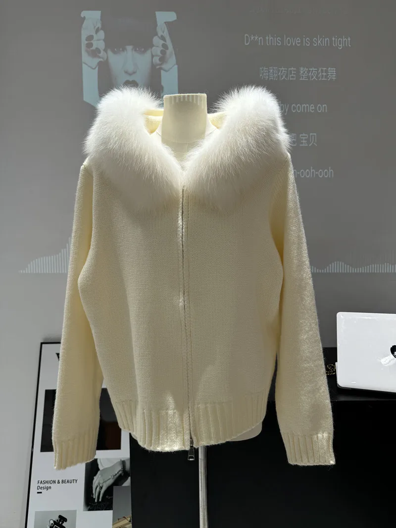 

FURYOURSELF Fashion 2025 Autumn Winter Hooded Short Knitted Cardigan Internet Celebrity Same Small Fox Fur Collar Fur Coat Women