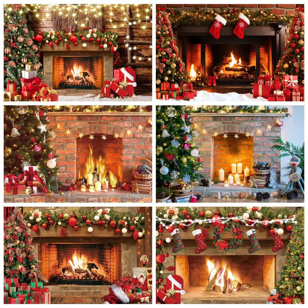 

Christmas Fire Fireplace Backdrop Firewood Socks Red Bell Green Holly Leaves Home Xmas Party Photography Background Decor Banner