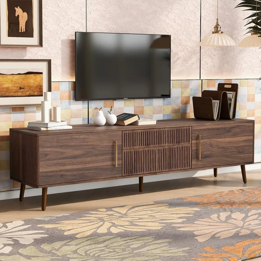 70.8 TV Stand for Living Room with Fluted Design Walnut Storage Cabinet Mid Century Modern Media Console Table with Doors and F