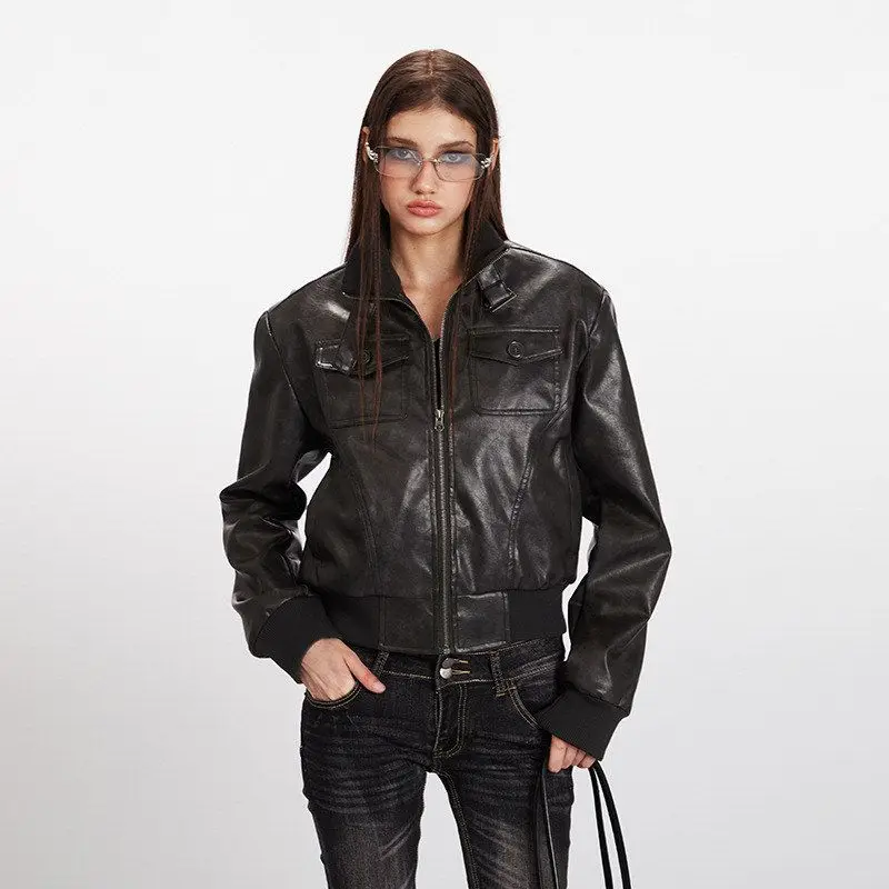 HeyHenry2025 Versátil ort PU Couro Jaet American Sle Outono Inverno Feminino Jaet Gola Retro oulder Comprimento