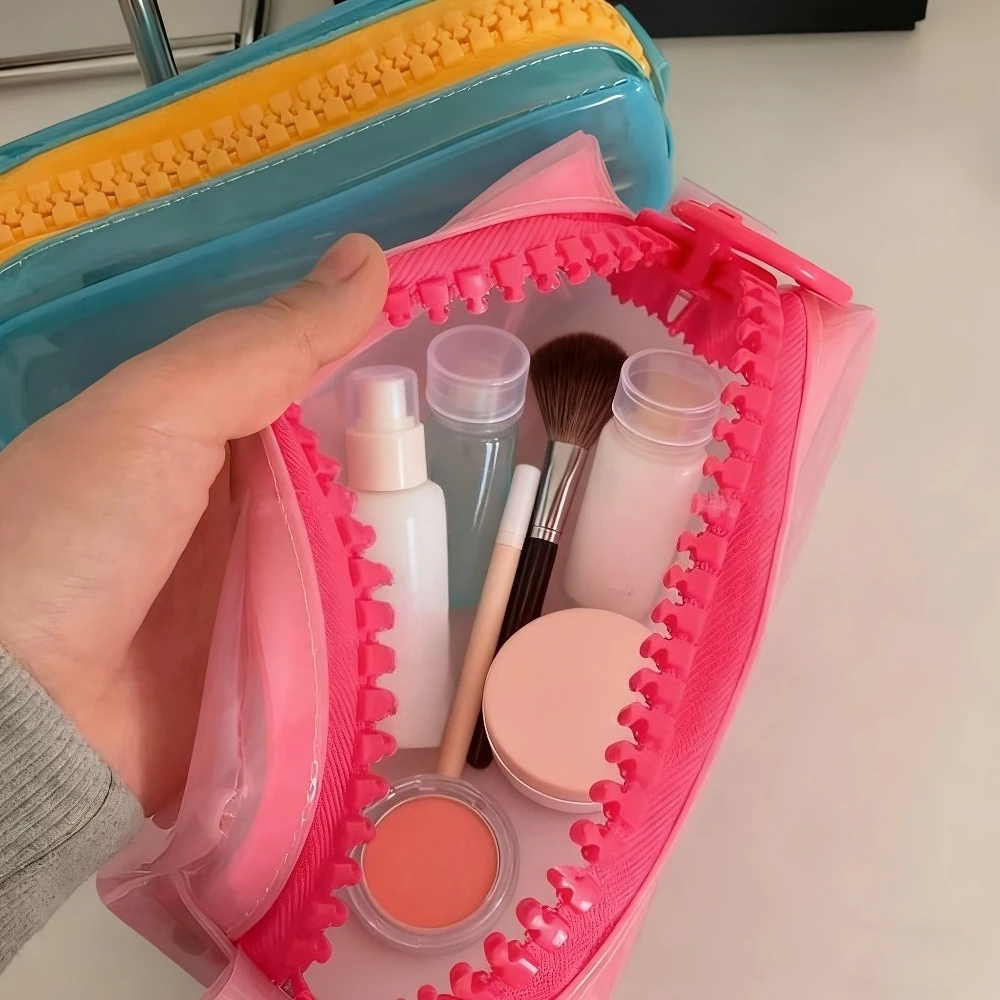 Cute Big Zipper Makeup Brush Storage Bag,Transparent PVC Cosmetic Pouch,Color Contrast Large Capacity Portable Travel Organizer