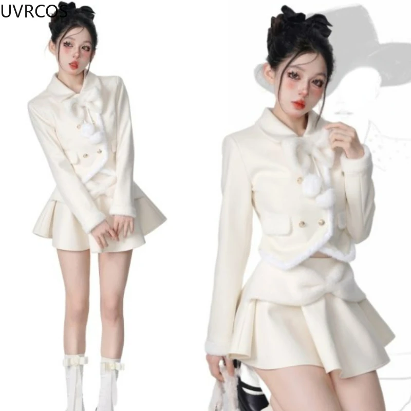 2024 Winter Japanese Style Sweet Casual 2 Piece Set Women Slim Warm Coat Elegant Mini Skirt Suit Lady Pure Color Fashion Outfits