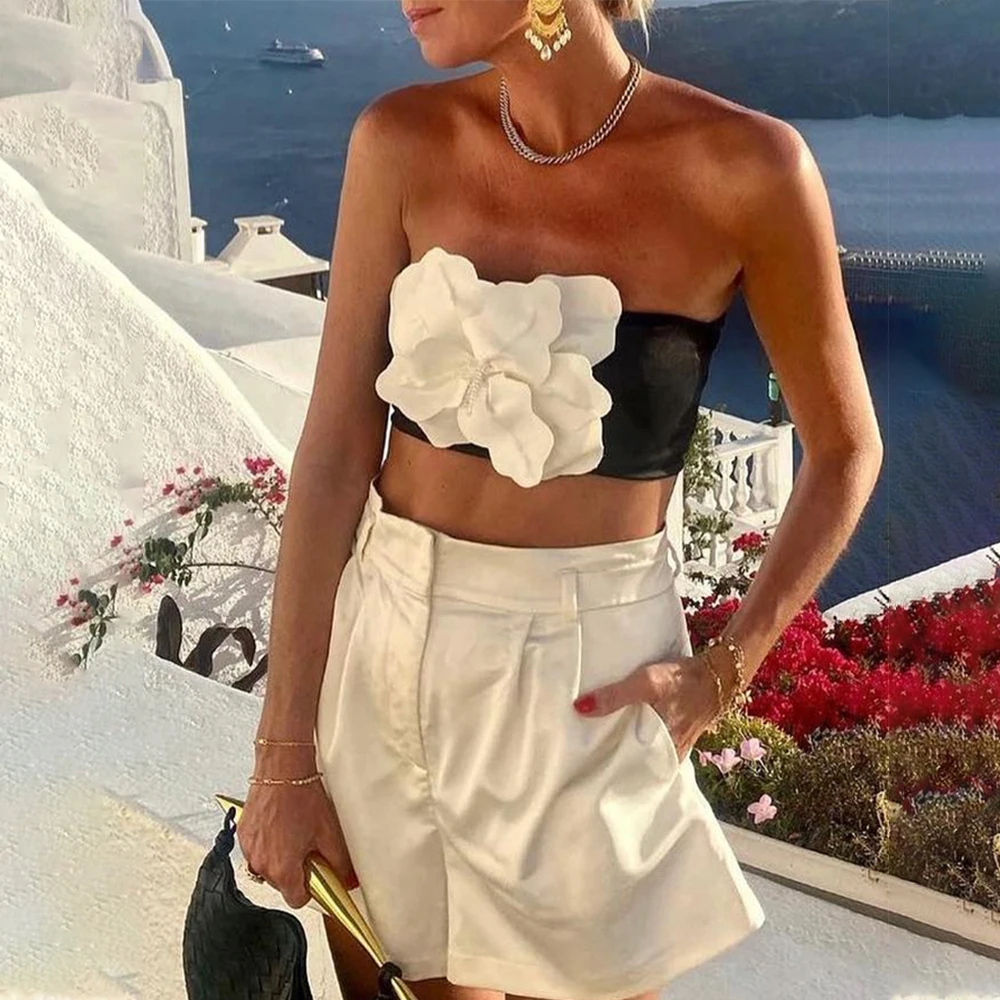 3D White Flower Strapless Bikini Two Pieces Women Summer Slim Black Swimming Skirt Cover-up Elegant Holiday Party Swimwear Top