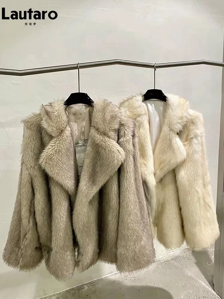 Lautaro Winter Loose Casual Thick Warm Soft Hairy Faux Fur Coat Women Luxury High Quality Furry Fluffy Jacket Korean Fashion