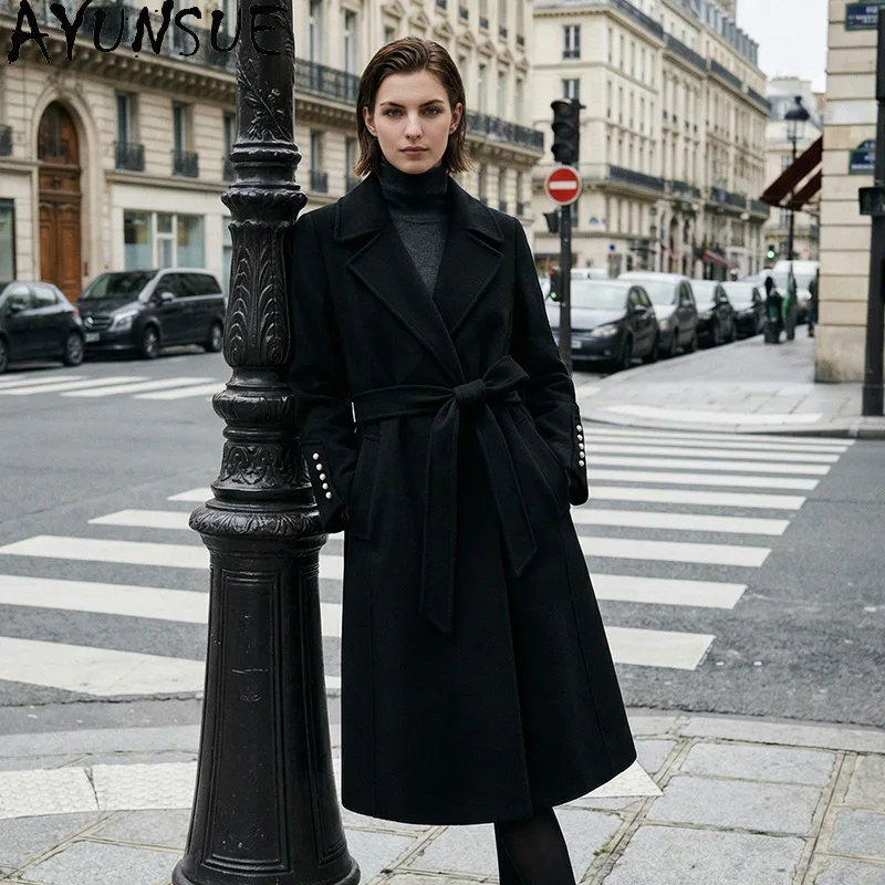AYUNSUE Women's 100% Wool Coat Autumn Winter Lace-up Long Jacket Woman Double-sided Woolen Overcoat Woman Clothes Ropa Mujer