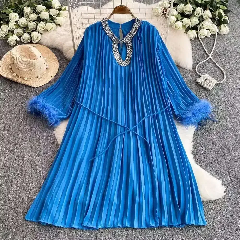 

Luxury Crystal Chiffon Dress for Women, Summer Holiday Evening Party Gown with Pleated A-Line Loose Fit