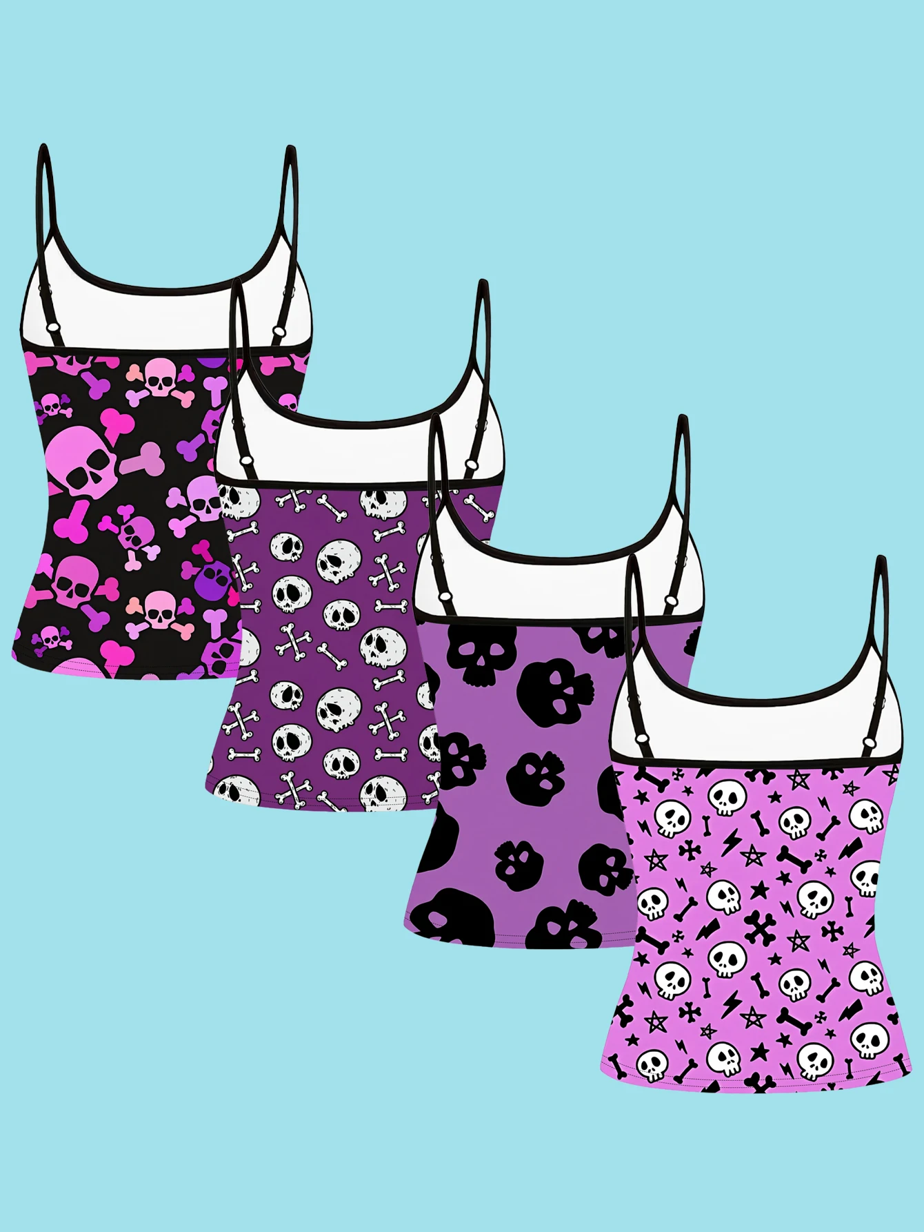 4-Piece Set of Purple and Pink Sweet Cool Skeleton Camisole Tops for Women, Y2K Subculture Heart, Bone, and Star Slim-Fit Spaghetti Strap Tops