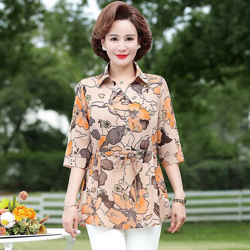 Plus size Middle-Aged Elderly Female Blouse Spring Summer long Shirt Womans Mother Ladies Coat Seven Sleeves Collared Shirt Tops