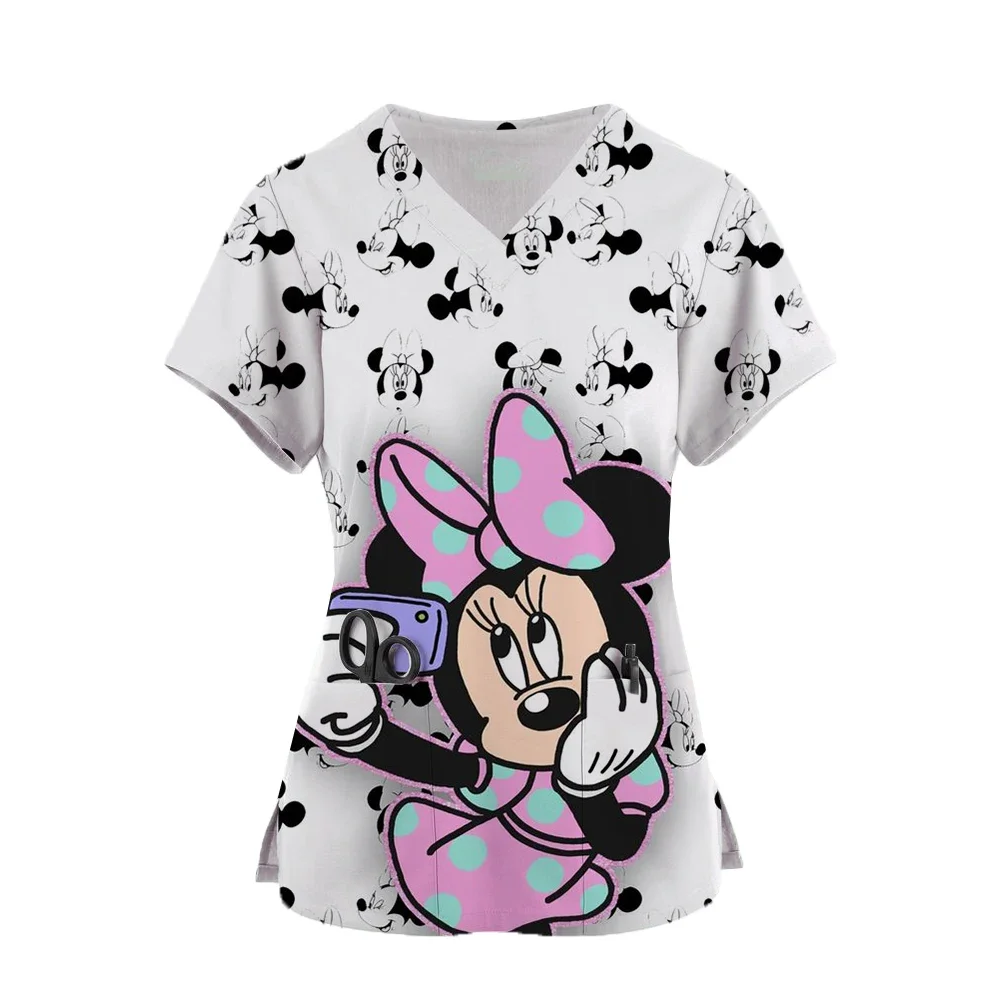 Hospital Staff Nurse Uniform Women's Stitch Mickey Mouse Print Casual Short Sleeve V Neck Paramedic Tops Medical Uniform Supplie