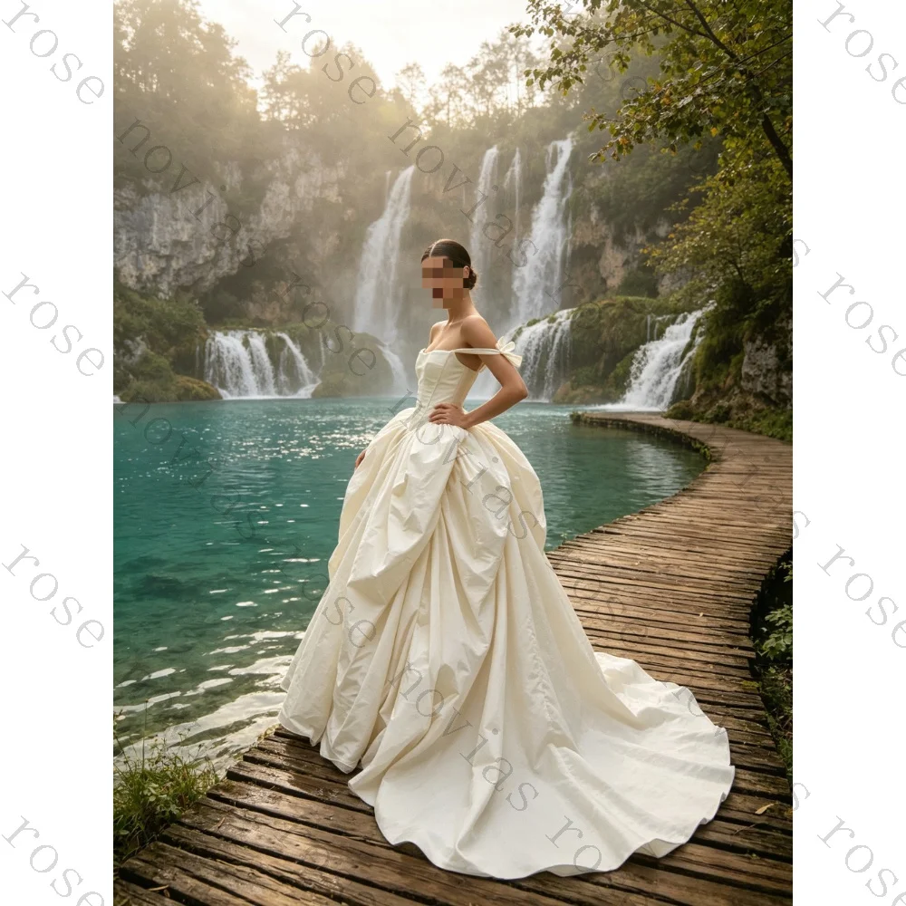 Customized Luxury Off Shoulder Satin Ball Dress 2026 Bow Details Cinched Waist Fluffy A-line Bridal Gown Suitable for Parties