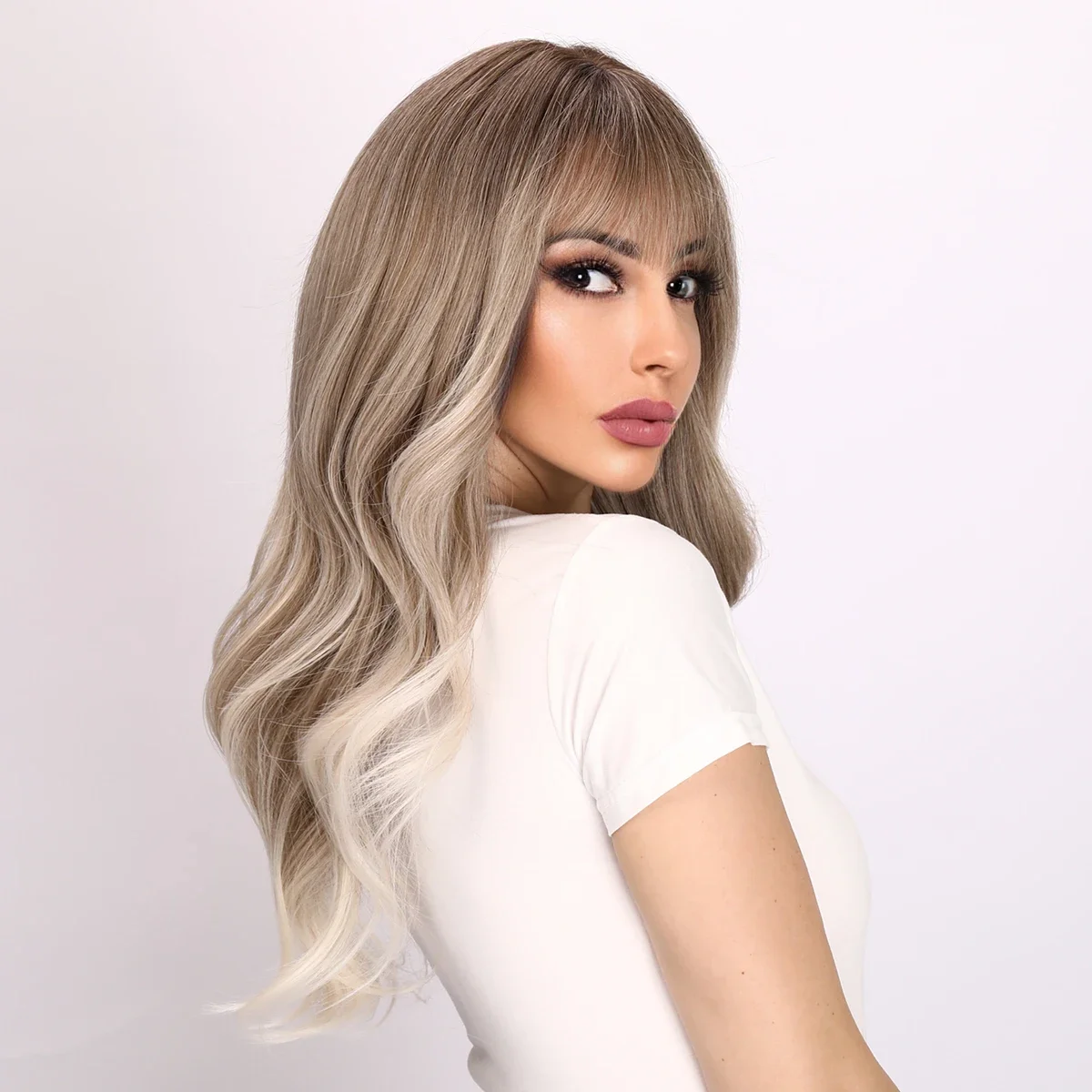 Grey To White Long Wavy Wigs With Straight Bangs For Women Cosplay Party Daily Synthetic Heat Resistant Wigs