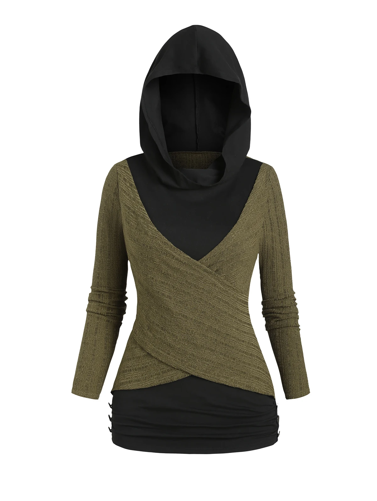 2024 neue Damen Hoodie schwitzt Tops strukturierte Crossover Patchwork Kapuze Knopf Dekor 2 in 1 Pullover Langarm Top