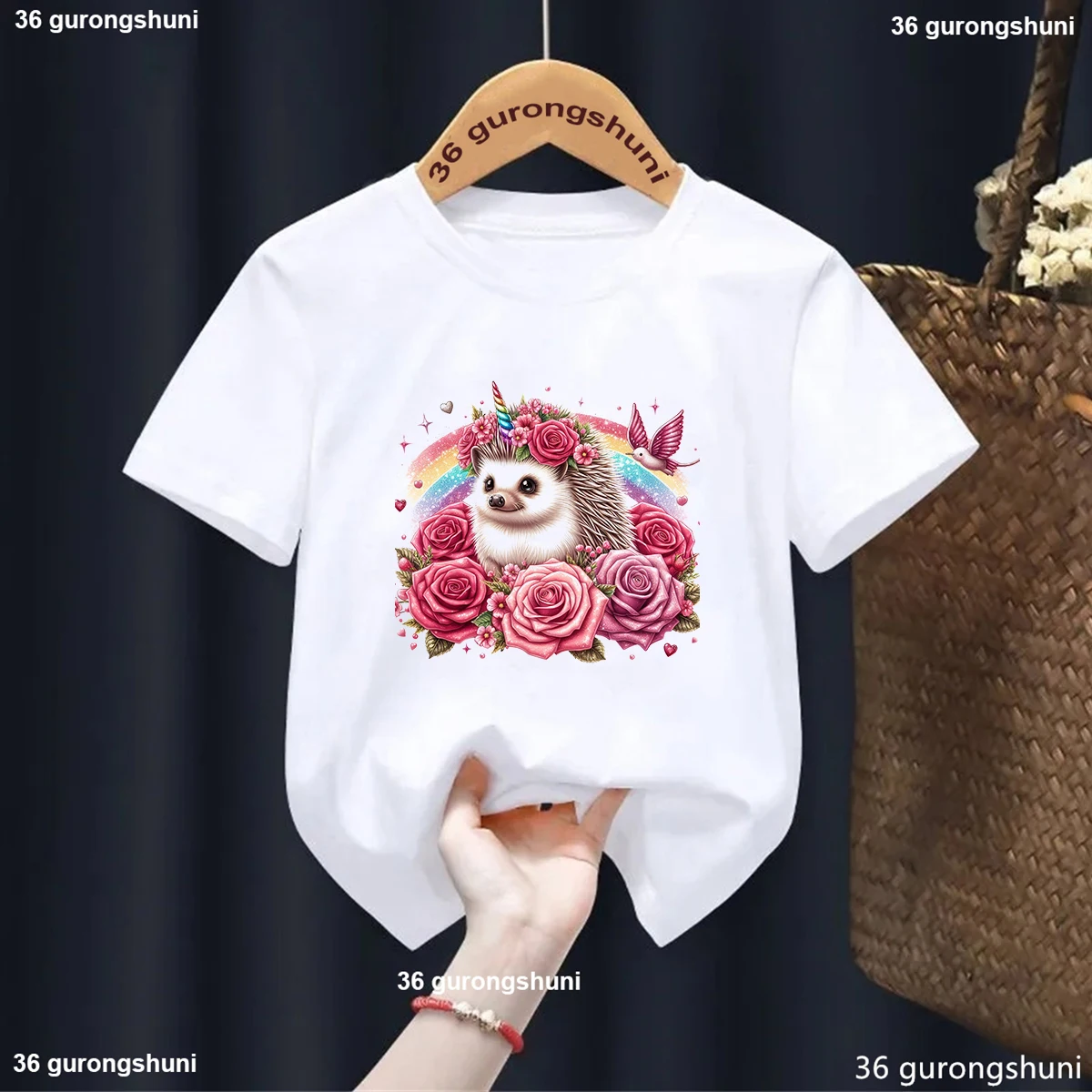 cute Birds and Hedgehogs Print Pink T Shirt For Girls Harajuku Kawaii Kids Clothes Summer Fashion Tops Toddler tshirt wholesale