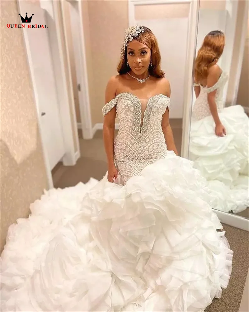 Luxury Sexy Mermaid Wedding Dresses Ruffle Train Tulle Lace Crystal Beaded Diamond 2023 New Design Bridal Gown Custom Size DZ94