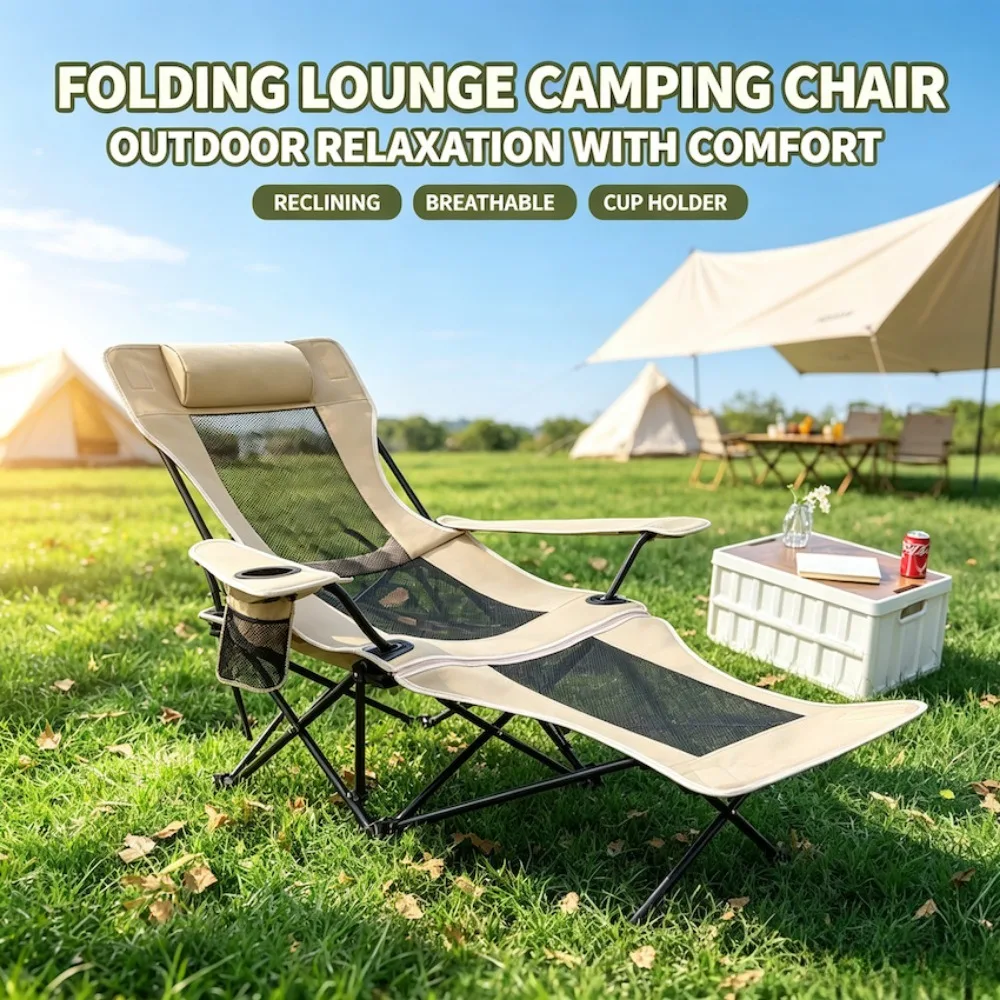 Outdoor Folding Lounge Chair Portable Lightweight Camping Fishing Beach Chair Adjustable Recliner Footrest for Garden Picnic