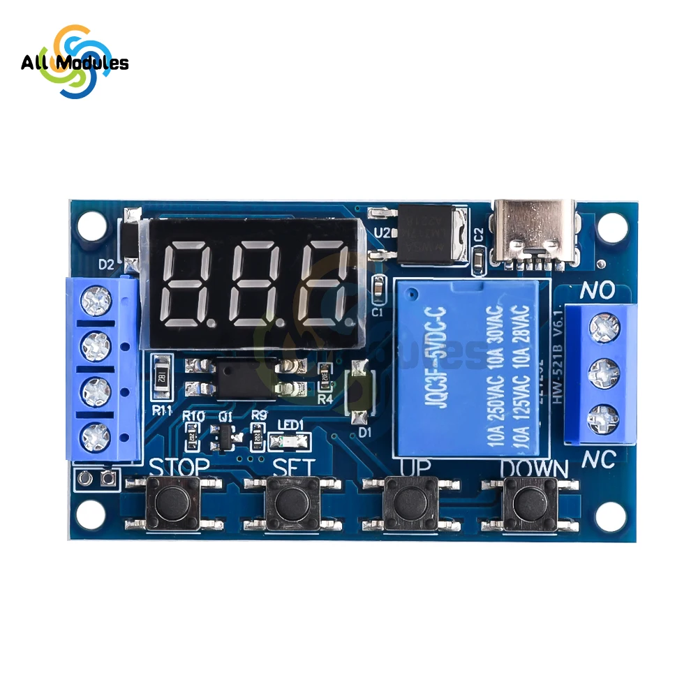 5V Type-C Micro USB Time Delay Relay Module 4 Button 3 Digit Digital Tube LED Digital Delay Relay Trigger Timer Control Switch