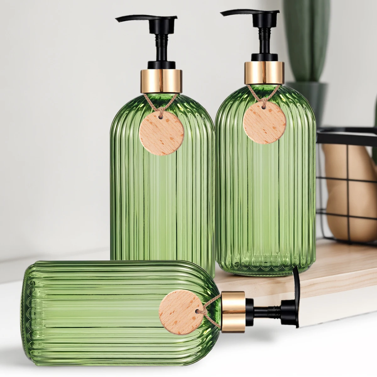 Green Bathroom Shower Soap Bottles with Empty Tag Refillable Shampoo Conditioner Bodywash Container Bottle Home Apartment Decor