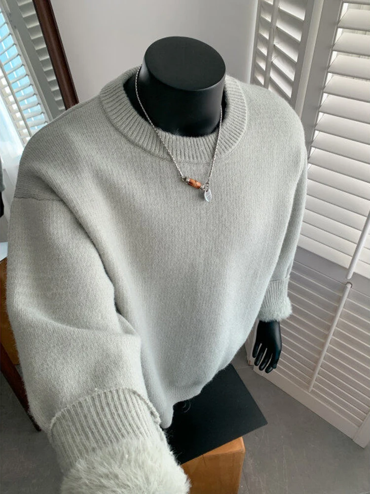 

Мужской зимний свитер из утолщенного флиса с круглым вырезом, в американском ретро-стиле, теплый, повседневный, базовый слой, модный бренд, свободный крой