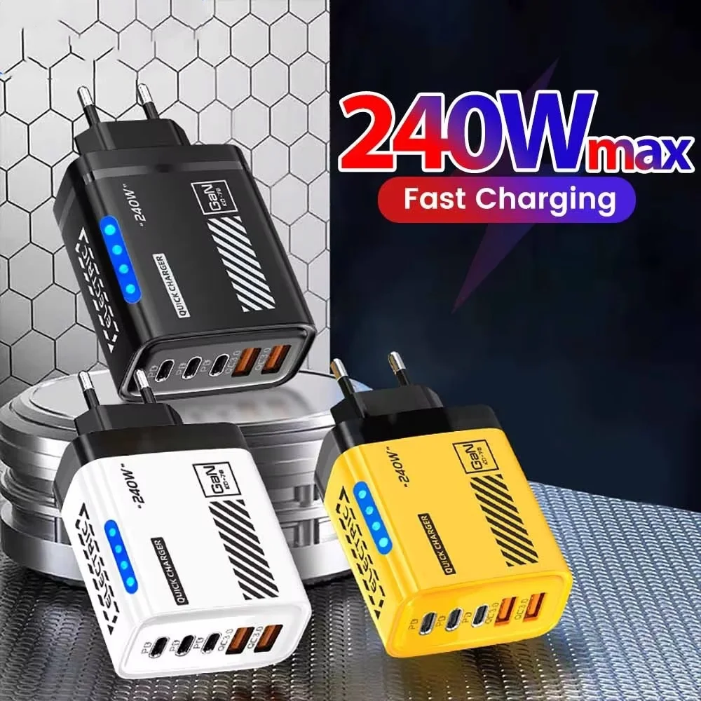 5 in 1 240W GaN Charger 3USB 2Type-C Fast Charging US/EU Plug With LED Light Desktop Power Adapter For Samsung Iphone 17 Xiaomi