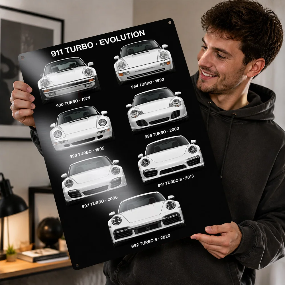 Germany 911 Turbo Evolution White Front View Model Chart Aluminum Poster Customized Metal Tin Sign Wall Art Perfect For Garage