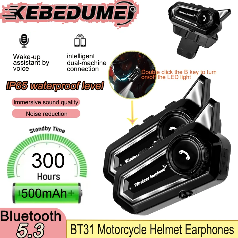 BT31 Motorcycle Helmet Bluetooth Headset 500mAh Wireless Waterproof Handsfree Call Earphone Rider Moto LED Lighting Headphone