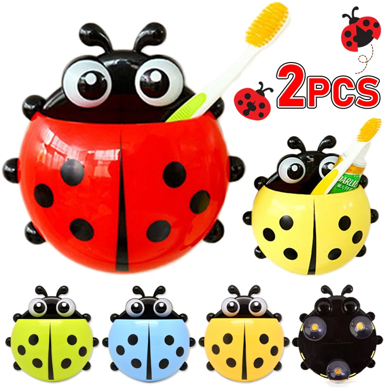 2pcs Ladybug Toothbrush Holder Cute Cartoon Animal Toothbrush Toothpaste Wall Suction Holders Rack for Kids Container Organizer