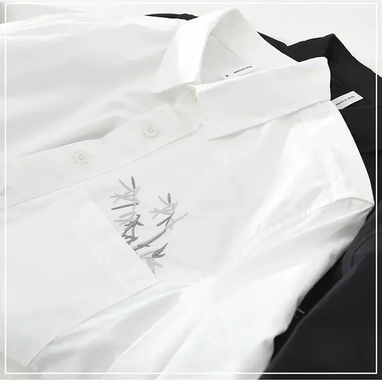 

Новая мужская рубашка с длинным рукавом для весны и лета, белая, с китайской вышивкой бамбуком, повседневная, из чистого хлопка, комфортная, на каждый день