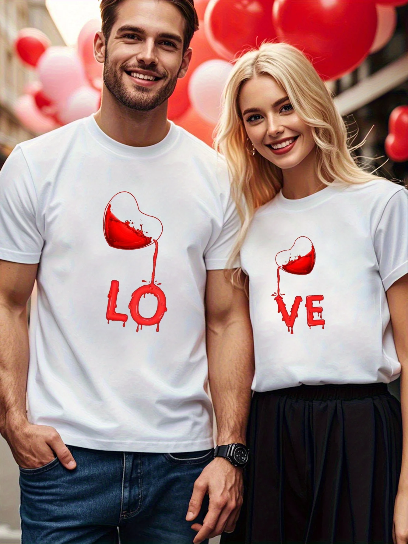 

1 шт., футболка с круглым вырезом и короткими рукавами с принтом LOVE, подарок на День святого Валентина, топ для пары