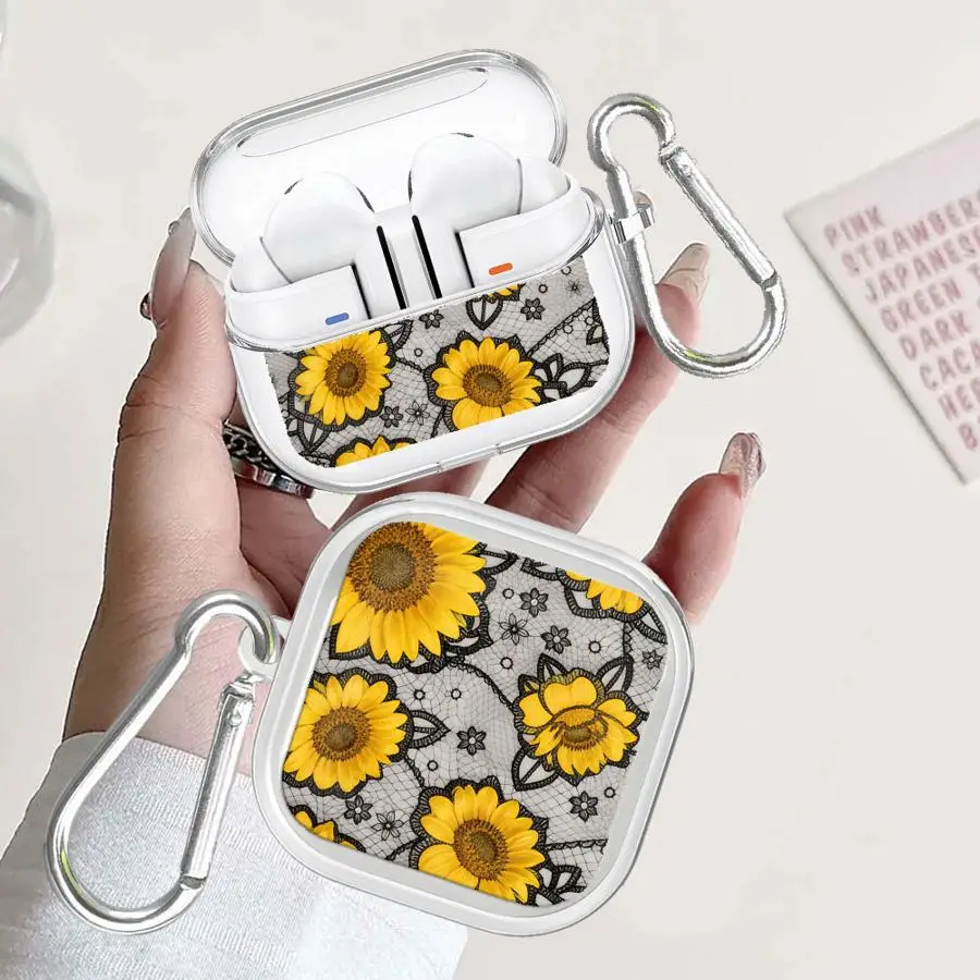 Case For Samsung Galaxy Buds 3 FE 2 4 Pro 3Pro Live 2Pro 4Pro Clear Earphone Cases Cover With Hook Delicate Lace Flower