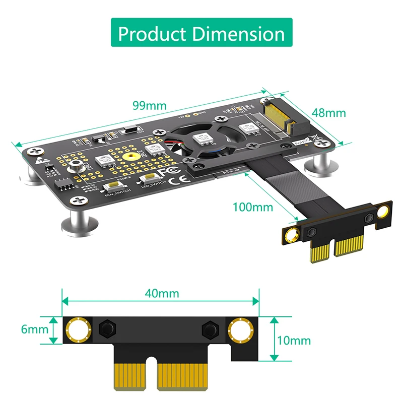 สายต่อ X1 M.2 NVMe TO PCIe ขนาด10ซม. PCI Express 3.0 1X ถึง M ตัวแปลงคีย์บอร์ดไรเซอร์พร้อมแผ่นแม่เหล็กพัดลมทำความเย็น RGB LED