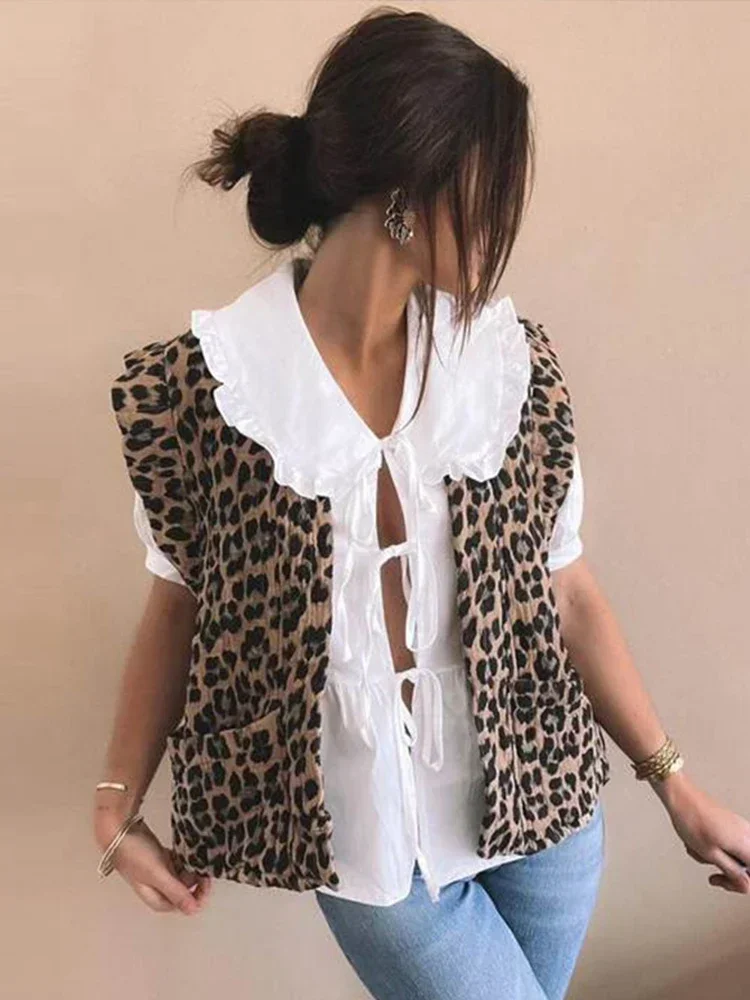 

Chic Leopard Printed Cotton Vest Women Fashion O-Neck Sleeveless Cardigan Waistcoat For Female 2025 Spring Autumn Pockets Tops