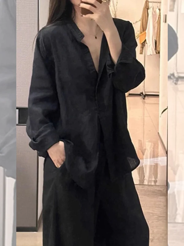 

Black Long Sleeve Loose Fit Women's Shirt Stand Collar Summer Outerwear Korean Style Commute Fashion Straight Cut Top