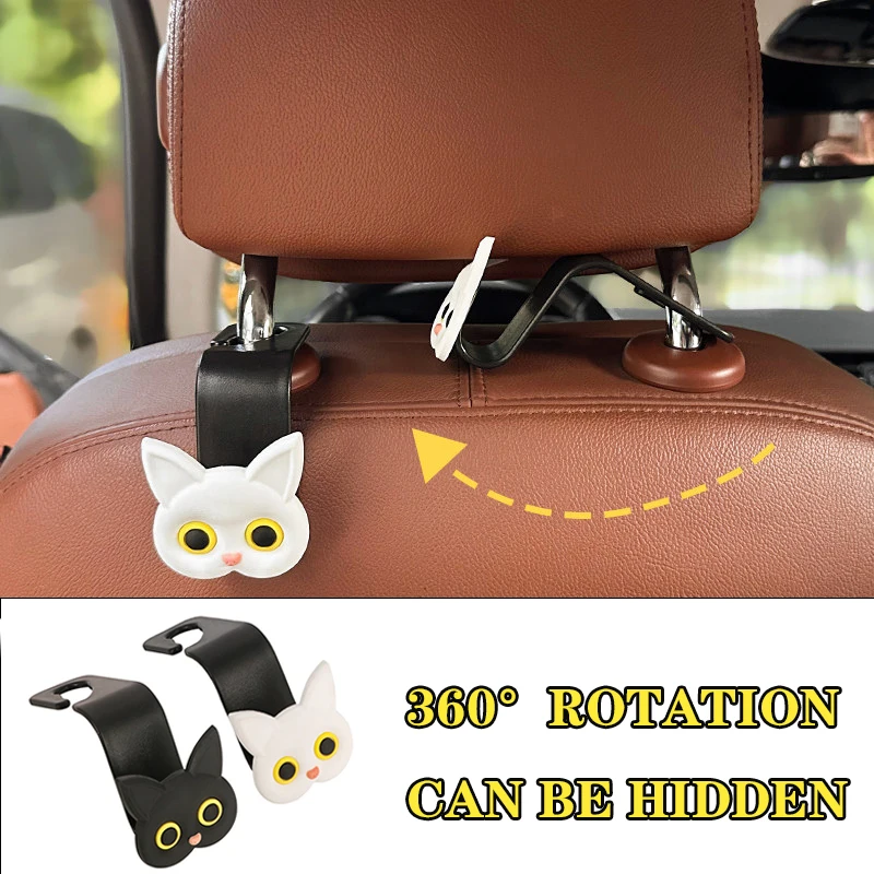 2Pcs Cute 3D Cartoon Cat Car Seat Headrest Hook Universal Vehicle Storage Organizer for Handbags, Wallets, and Jackets - Cute Ca