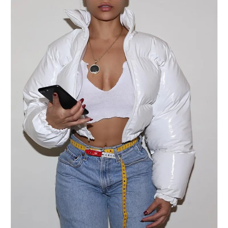 

New solid-color mirror-finish PU leather stand-up collar cardigan tucked cotton-padded jacket women's clothing autumn and winter