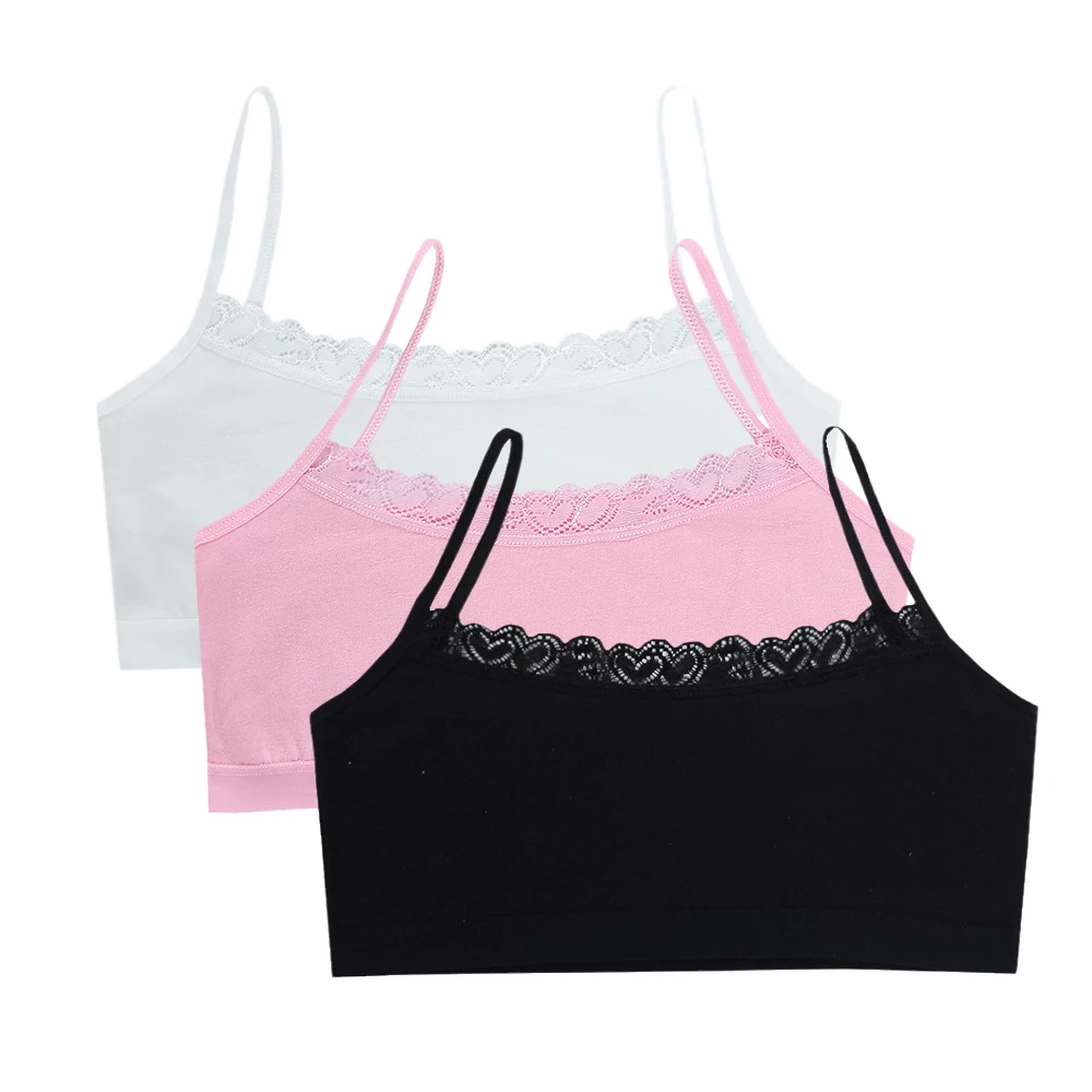 3pcs Kids Summer Lace Training Bras Solid Color Cotton Underwear Tops for Young Children Teenage Breast Care Underclothes
