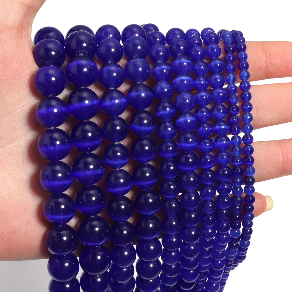 Natural Stone Dark Blue Cat Eye Opal Round Spacer Beads for DIY Jewelry Making Necklace Bracelet 4/6/8/10/12mm Charms Cute Beads