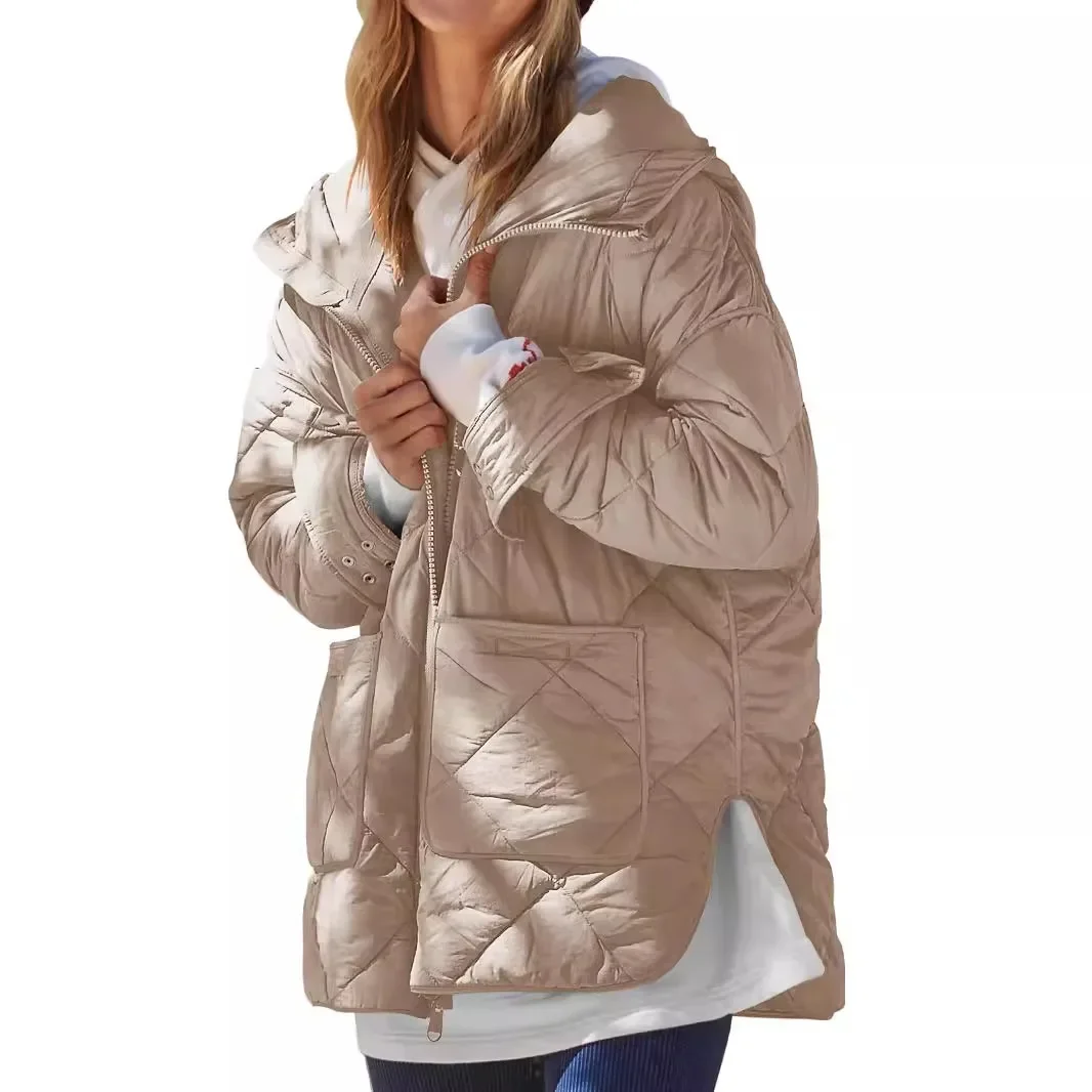 Parkas Women Coats Zipper Warm Coat Hooded Full Sleeve Pockets Solid Casual Loose Regular Elegant Splice Mid Length Jackets