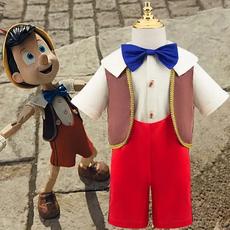 

New Kids Puppet Pinocchio Costume Halloween Cosplay Baby Boy's Occasion Overalls Vest Shirt Stage Show Party Clothing Sets F72b